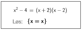 Original CAS-rad: x²−4=(x+2)(x−2), med resultatet {x=x}.