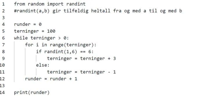 Originalens 14-linjers Python-program for terningspillet, med kommentar og blanke linjer.